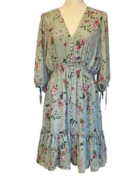 Taylor Sage Green Floral V-Neck Midi Dress with Pink Blooms